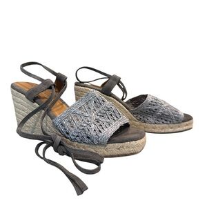 Anthropologie Grey Woven Ankle Tie Espadrille Wedge US 8 EU 39